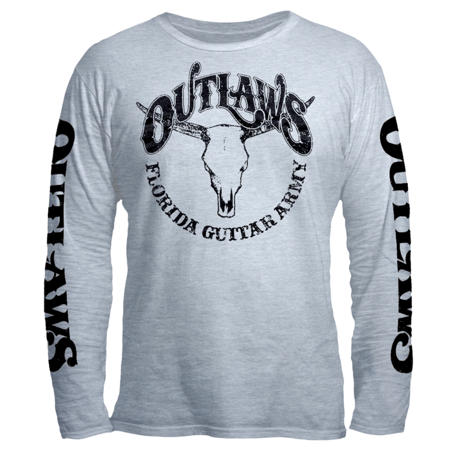 long sleeve tee-grey-front "Florida Guitar army" with horned animal skull-sleeve "Outlaws"